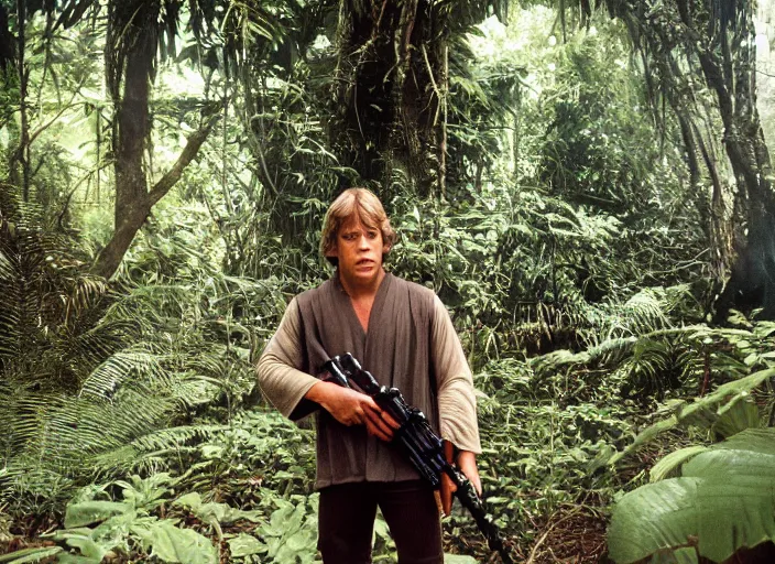 Image similar to luke skywalker protecting the new jedi temple school in the jungle, Photographed with Leica Summilux-M 24 mm lens, ISO 100, f/8, Portra 400