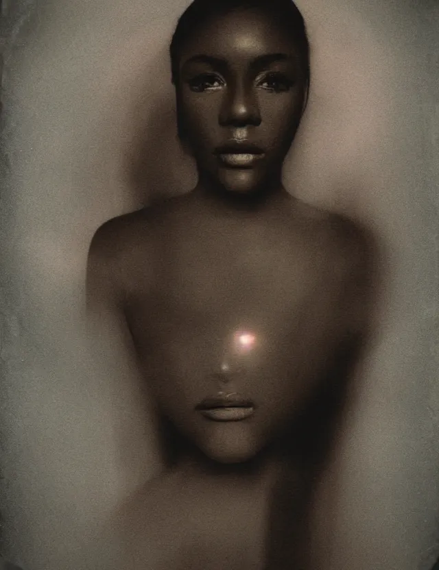 Prompt: conceptual polaroid photo with flash, portrait of a dark skin woman model in top with smokey eyes, polaroid photo bleached strong lights, kodak film stock, hyper real, stunning moody cinematography, with anamorphic lenses, by maripol, detailed