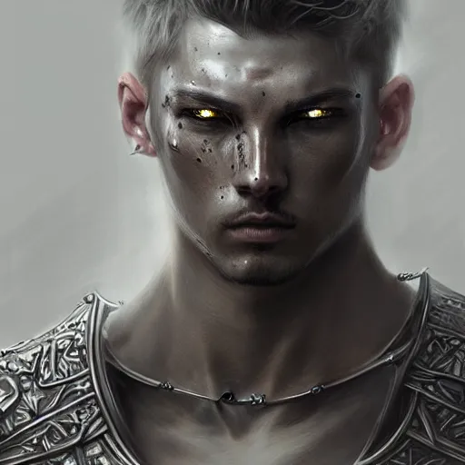 Image similar to beautiful extremely detailed intricate concept art depicting a male warrior by wlop. shining jewelry. grey atmosphere. bcy. net