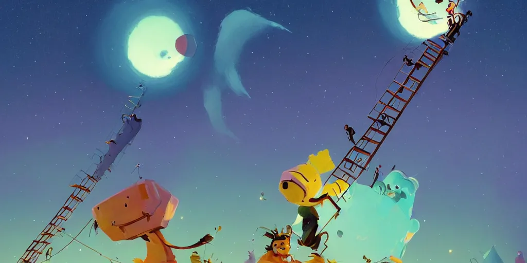 Prompt: cute cartoon monsters climbing ladders to saturn at night with aurora borealis by goro fujita and simon stalenhag and wes anderson and alex andreev and salvador dali and chiho aoshima and beeple and banksy and kandinsky and magritte and basquiat and picasso, 8 k, trending on artstation, hyper detailed, cinematic