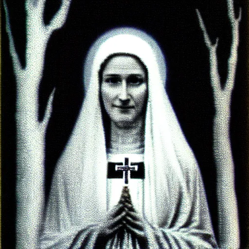 Image similar to marian apparition in forest, high contrast, found footage, vhs, 1 9 9 0, beautiful, highly realistic, highly detailed, vhs noise static, black and white, vhs glitch