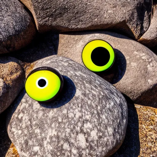 Image similar to Photograph of two rocks with a pair googly eyes at edge of a mountain in a savana