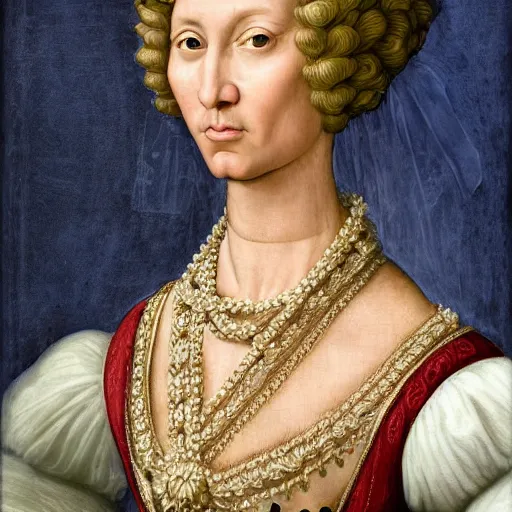 Prompt: detailed renaissance style portrait, donald trump as a royal woman during the renaissance, she is wearing pale makeup with light pink cheeks, the overall vibe is very emotionless and empty