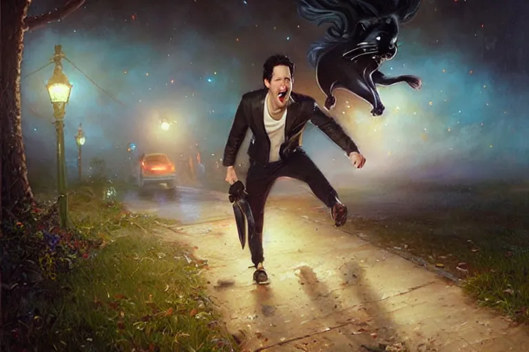 Image similar to paul rudd chasing a skunk late night, an oil painting by ross tran and thomas kincade