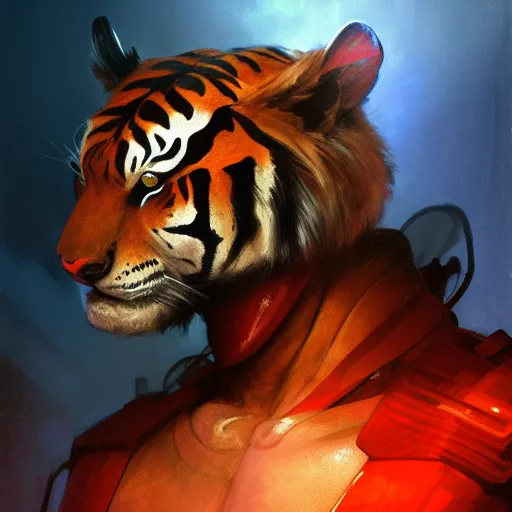 Image similar to hyperrealistic portrait of an athropomorphic tiger wearing heavy combat red - blue armor, bladerunner street, art of elysium by jeremy mann and alphonse mucha, fantasy art, photo realistic, dynamic lighting, artstation, poster, volumetric lighting, very detailed face, 4 k, award winning, cinematic lighting, deviantart, artstation, cg society