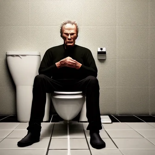 Image similar to hyperrealistic clint eastwood straining while sitting on porcelain toilet, stunning 3 d render inspired by istvan sandorfi & greg rutkowski & mike judge, perfect symmetry, dim volumetric cinematic lighting, 8 k octane comprehensive render, extremely mega hyper - detailed and lifelike attributes & atmosphere, intricate, realistic flesh texture, masterpiece, artstation, stunning,