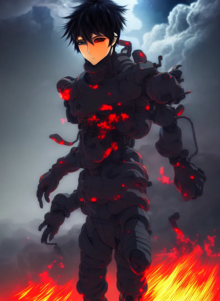 Image similar to a detailed manga illustration character full body portrait of a dark haired cyborg anime man surrounded by clouds of dark smoke and fire, trending on artstation, digital art, 4 k resolution, detailed, high quality, sharp focus, hq artwork, insane detail, concept art, character concept, character illustration, full body illustration, perfect anatomy, cinematic, volumetric lighting