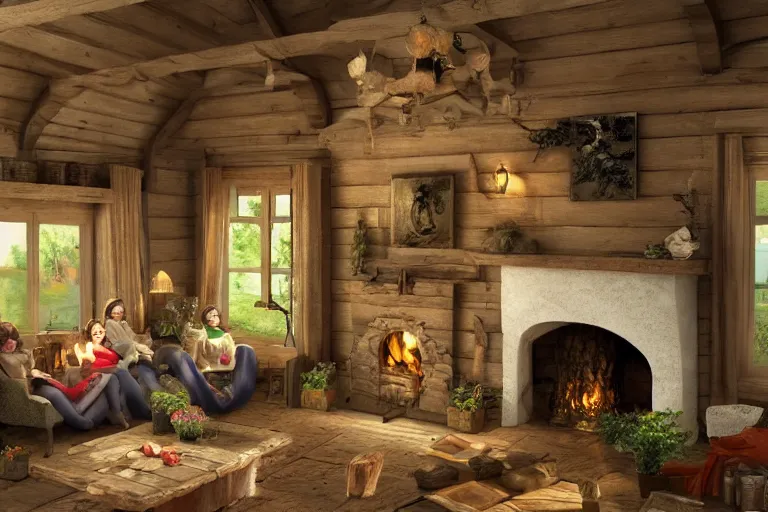 Prompt: wooden cottage, living room, elves sitting on the couch, traditional fireplace, concept art