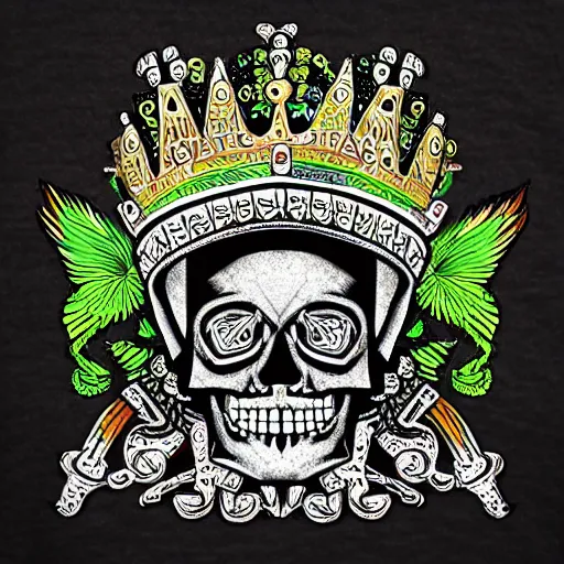 Prompt: aztec skull with a crown of hops, fractalpunk