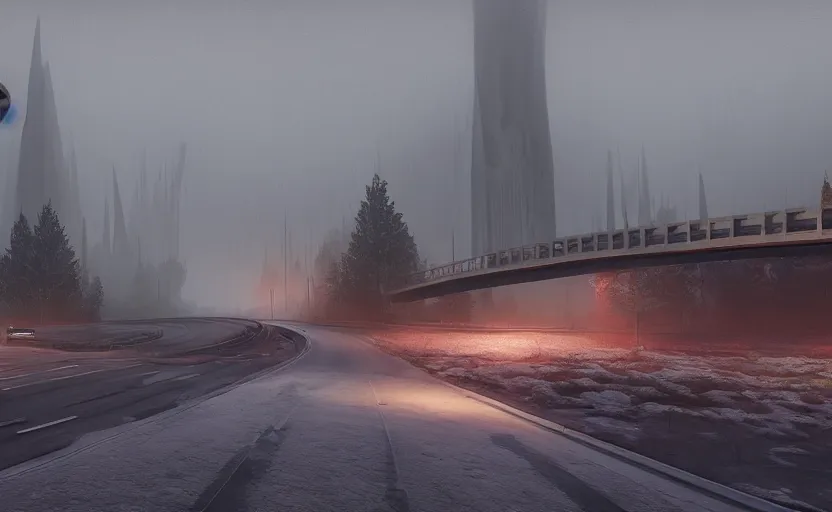 Prompt: A highway interchange above a royal cathedral in a desolate swamp during a snowstorm, volumetric lighting, misty sky, portal 2 screenshot, satisfactory screenshot, outer wilds screenshot, digital art, artstationhq, Jordan Grimmer and Victor Mosquera