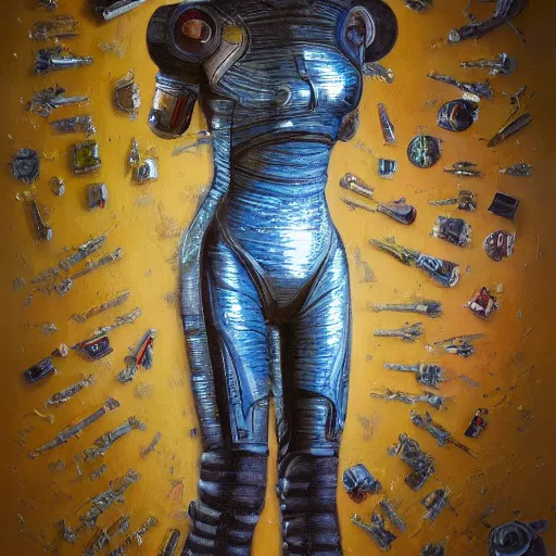 Image similar to detailed painting of a scifi bodysuit in a room full of old cmputers on the sidewalk, celestial ephemeral ornaments and greek symbols, artstation, norm rockwell, cinematic