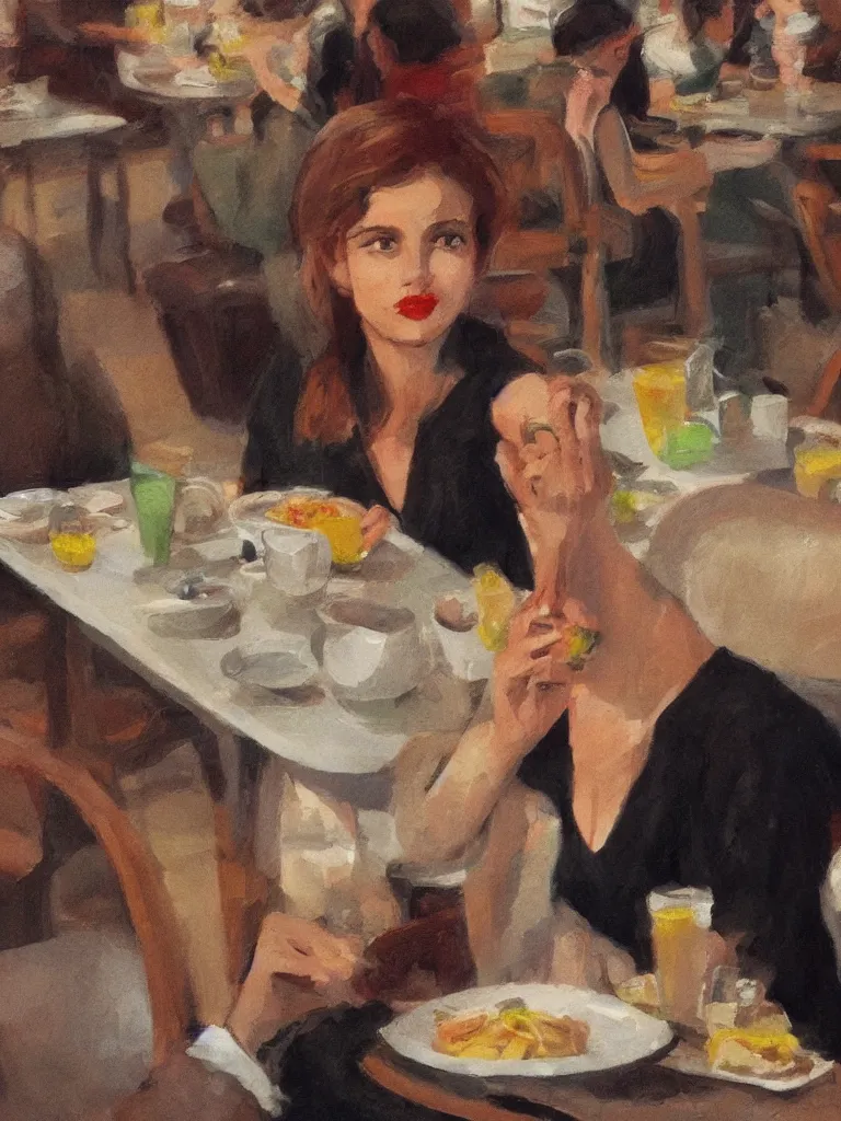 Image similar to woman eating in cafe in paris, close up, by disney concept artists, blunt borders, rule of thirds