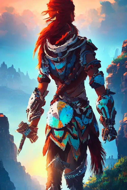 Image similar to combination suit armor aloy horizon forbidden west horizon zero dawn radiating a glowing aura global illumination ray tracing hdr fanart arstation by ian pesty and alena aenami artworks in 4 k tribal robot ninja mask helmet backpack