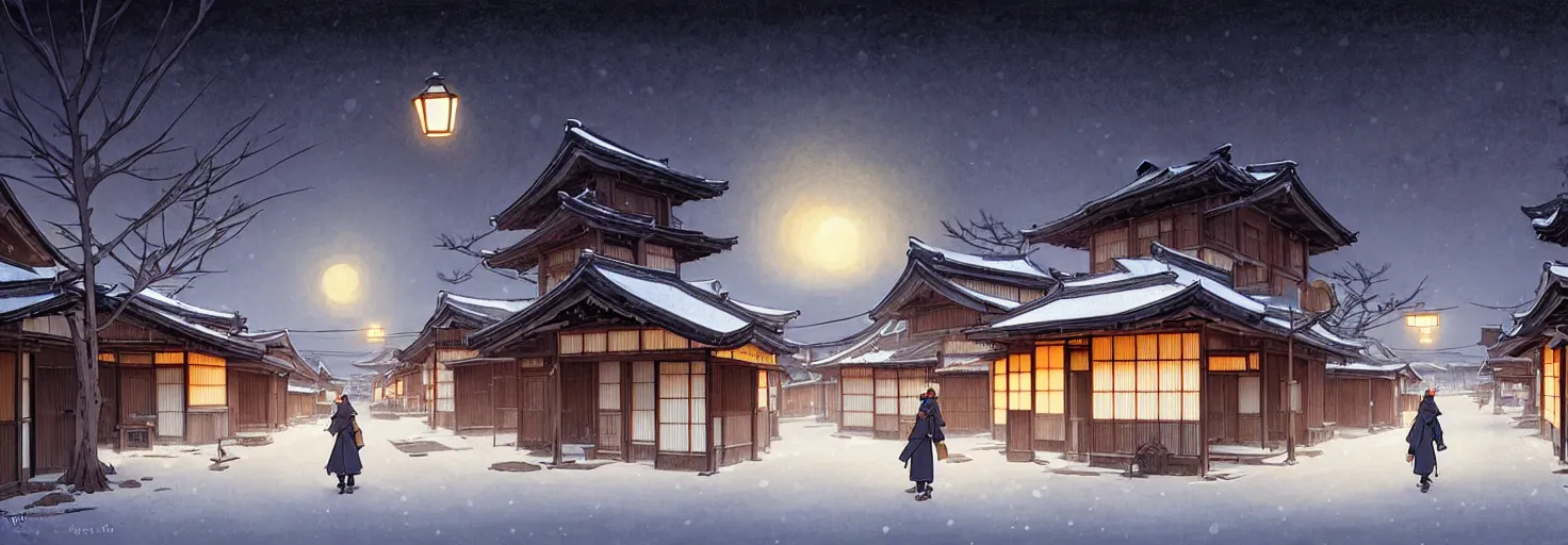 Image similar to empty rural japanese town at night, winter, in the style of studio ghibli, j. c. leyendecker, greg rutkowski, artem