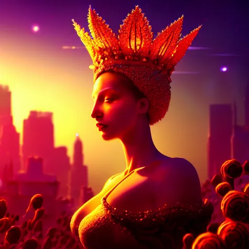 Prompt: Beautiful 3d render of the flower queen in a sensual pose, atmospheric lighting, painted, intricate, volumetric lighting, beautiful, rich deep colors masterpiece, golden hour, sharp focus, ultra detailed, in the style of Dan Mumford and Johfra Bosschart, with a crowded futuristic cyberpunk city in the background, astrophotography