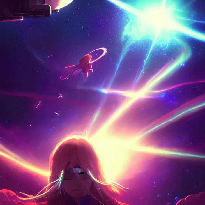 Image similar to thundering across the stars, planets, nebulae, cosmic, lens flare, anime style. realistic shaded lighting poster by ilya kuvshinov katsuhiro, magali villeneuve, artgerm, jeremy lipkin and michael garmash, rob rey and kentaro miura style, trending on art station, unreal engine, highly detailed, pixiv