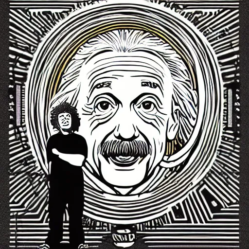 Image similar to portrait of albert einstein in front of a space - time diagram, by laurie greasley