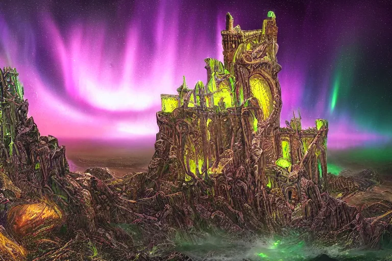 Prompt: highly detailed photoreal eldritch biomechanical castle on a cliff, aurora borealis, psychedelic