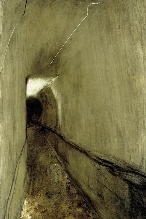 Image similar to Andrew Wyeth artwork, A man with a wooden box under his arm stands inside a dark tunnel, looking up with an expression of horror