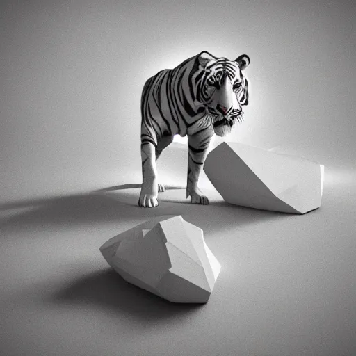 Image similar to a low - poly render of an all white tiger with no stripes in a dynamic action pose dwelling in the spirit realm, low poly 3 d, octane render, dramatic dreamlike lighting, all white render, no textures, angular energetic background elements, angular dynamic white rock floor, artgerm, unreal engine, artgerm, artstation, ross tran