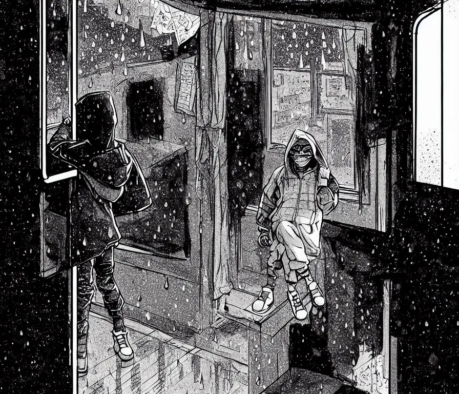 Image similar to outdoors : sadie sink in hoodie sits on windowsill, knees tucked in | rain falls at night : storyboard panel, scifi cyberpunk. by gabriel hardman, joe alves, chris bonura. cinematic atmosphere, detailed and intricate, perfect anatomy