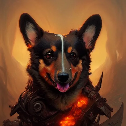 Image similar to A corgi like a hellhound, D&D, dark fantasy, intricate, elegant, highly detailed, digital painting, artstation, concept art, smooth, sharp focus, illustration, art by artgerm and greg rutkowski and alphonse mucha