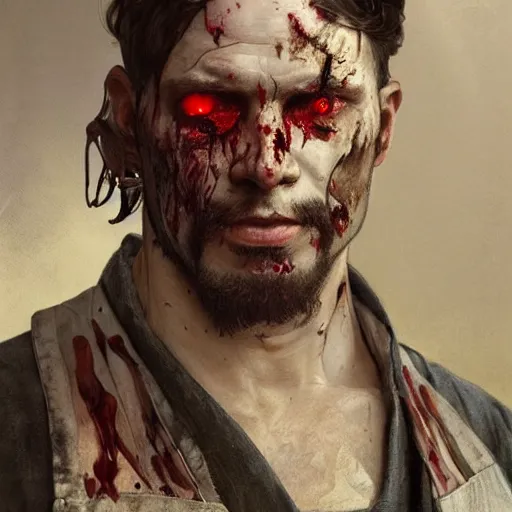 Prompt: portrait painting of a bloodied male butcher with with apron and cleaver, ultra realistic, concept art, intricate details, eerie, highly detailed, photorealistic, octane render, 8 k, unreal engine. art by artgerm and greg rutkowski and alphonse mucha