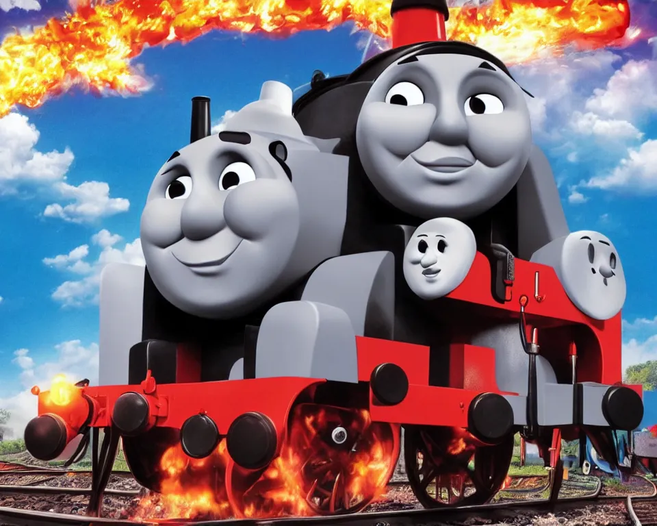 Image similar to thomas the tank engine exploding, movie poster