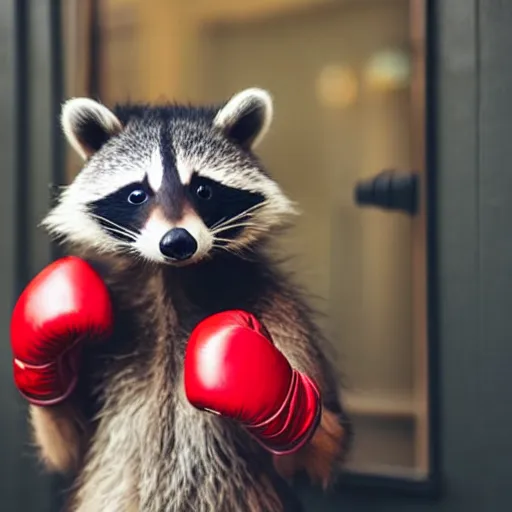 Image similar to cute kawaii raccoon wearing red boxing gloves, radiant light