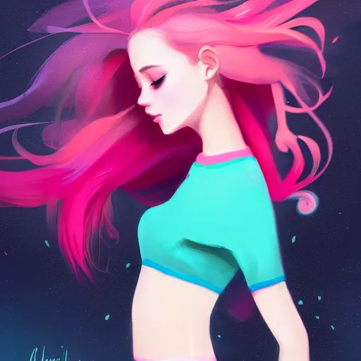 Image similar to colorful and festive captivating teenager girl with pink hair, cyan top crop, black skirt, black leggings, cute look. rich vivid colors, ambient lighting, dynamic lighting, 4 k, atmospheric lighting, painted, intricate, highly detailed by charlie bowater