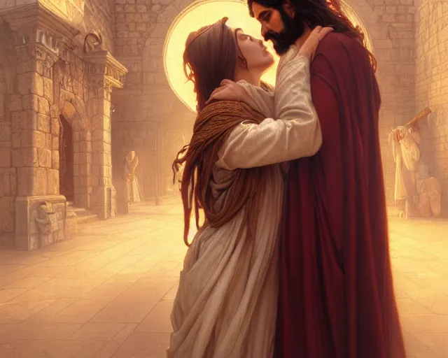 Image similar to photography of jesus kissing a sensual woman in jerusalem, deep focus,, intricate, elegant, highly detailed, digital painting, artstation, concept art, matte, sharp focus, illustration, art by artgerm and greg rutkowski and alphonse mucha