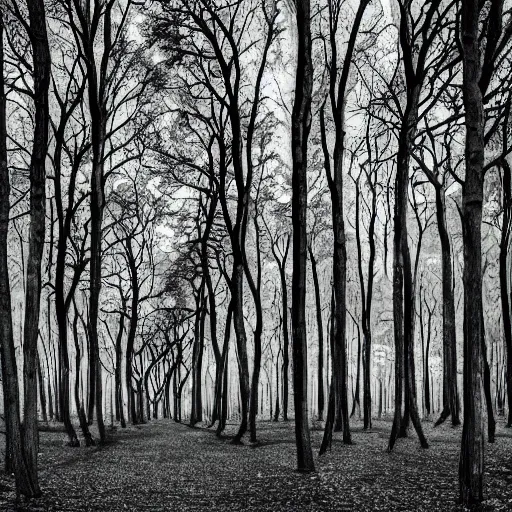 Image similar to endless forest of trees, highly detailed, ominous, vast