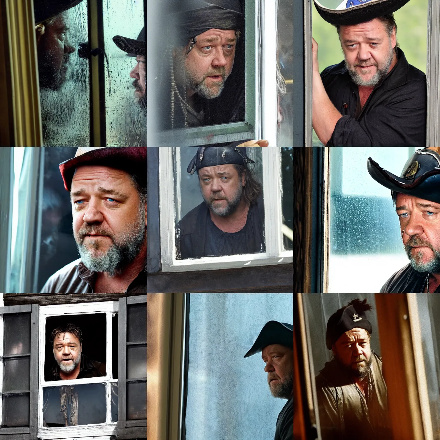 Image similar to russell crowe wearing a pirate hat behind a dirty window staring out