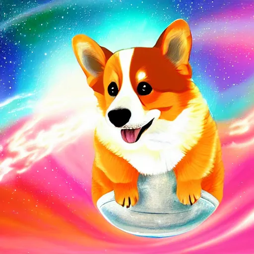 Image similar to corgi puppy floating in space, cosmic, calm, beautiful digital painting
