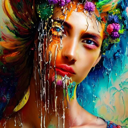 Prompt: an intricate oil painting of a beautifull woman portrait surounded by hiper detailed inkdrop in water, butterfly, melting colorfull wax, fluid acrilic art, colorfull, excelent composition, by jas hoang, by zero akuma, by wlop, by kittichai rueangchaichan, by n i x e u, octane render