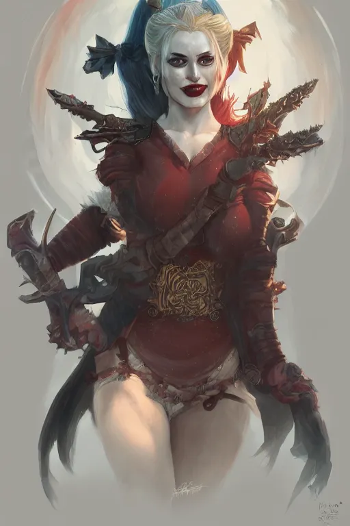 Image similar to portrait of harley quinn as a demon elf queen, forest, godlike, upper body, fantasy, intricate, elegant, highly detailed, digital painting, artstation, concept art, sharp focus, illustration, art by artgerm and greg rutkowski and alphonse mucha