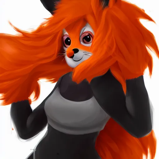 Prompt: fursona of a female orange fox with black tanktop, poofy hair, anime, digital art, furaffinity, tumblr, twitter, trending on artstation, 4 k, high resolution
