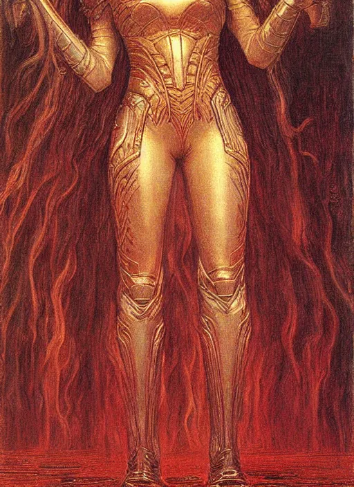 Image similar to malenia from elden ring drawn by jean delville, armor, red hair