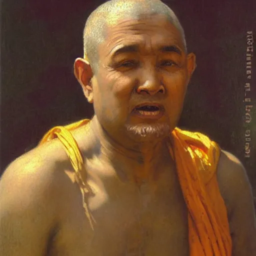 Image similar to highley detailed potrait of old srilankan buddhist monk liquid gold pouring outof mouth and eyes baroque style, painting by gaston bussiere, craig mullins, j. c. leyendecker, lights, art by ernst haeckel, john william godward, hammershøi,