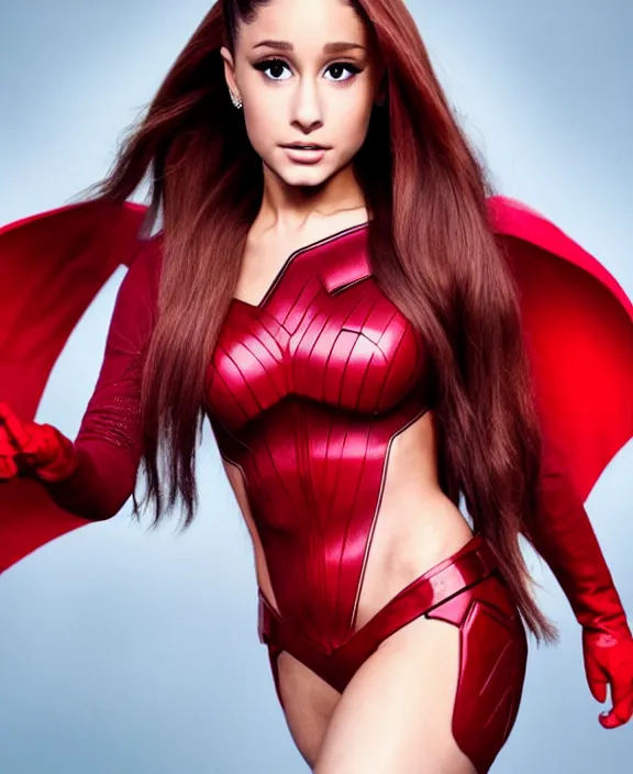 Prompt: ariana grande modeling as the scarlet witch, professional photograph