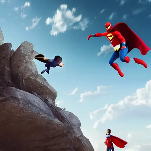 Image similar to a flying superhero catching a child that is falling from a cliff. photorealistic. realism. 4 k wideshot. cinematic. unreal engine. artgerm.