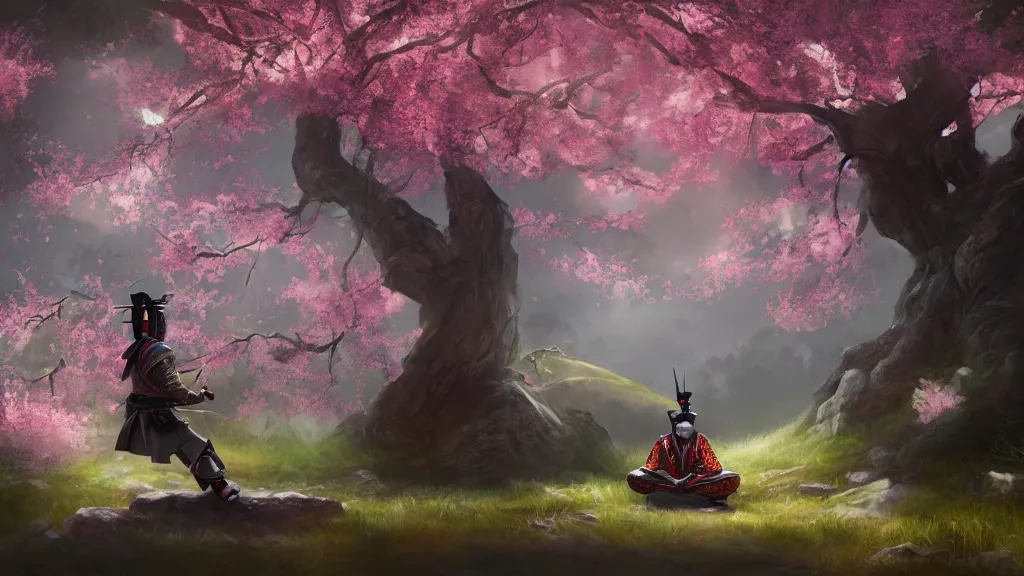 Image similar to beautiful painting of an armoured samurai meditating under a blossom tree, realistic, digital painting, concept art, matte painting, cinematic night lighting, 8 k, highly detailed, detailed terrain, trending artstation