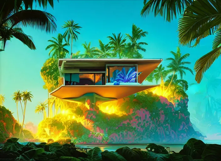 Image similar to a luminescent tropical cottage by paolo eleuteri serpieri and tomer hanuka and chesley bonestell and daniel merriam and tomokazu matsuyama, unreal engine, high resolution render, featured on artstation, octane, 8 k, highly intricate details, vivid colors, vector illustration