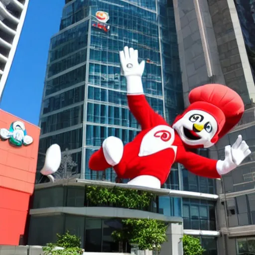 Prompt: Jollibee mascot destroying a city, stepping on a building