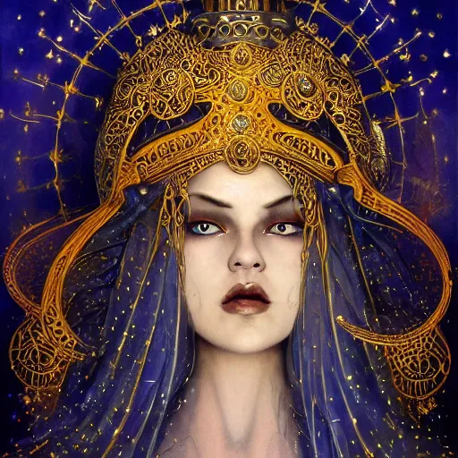 Prompt: painting of plus size junoesque priestess of the moon, golden filigree armor and tiara, moon above head, dark blue straight hair, smooth translucent skin, wide striking eyes, beautiful! coherent! by brom, by brian froud, by john anster fitzgerald, strong line, high contrast, muted color, 4 k, trending on artstation