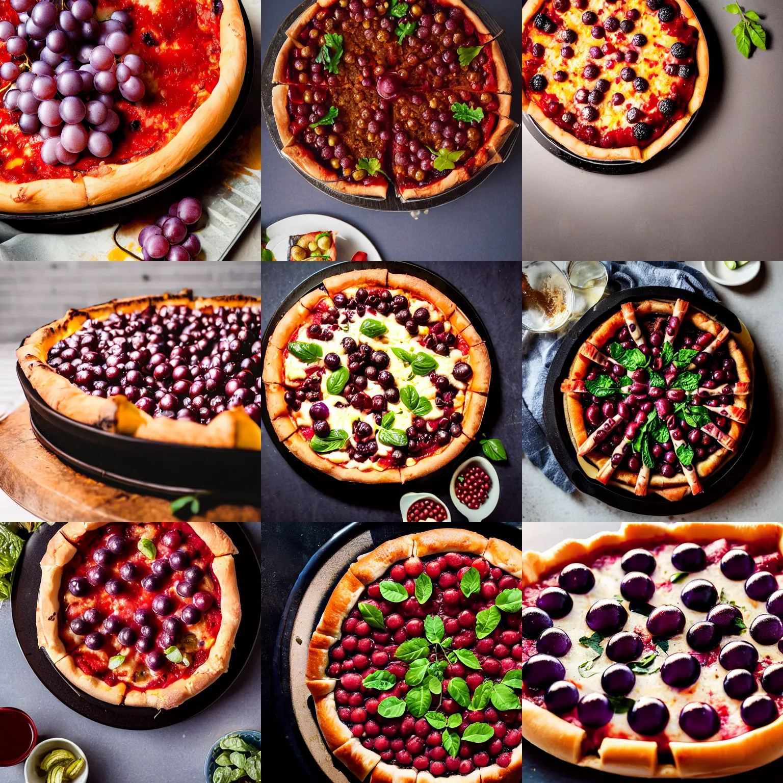 Prompt: grapes in a chicago deep dish pizza, professional food photography