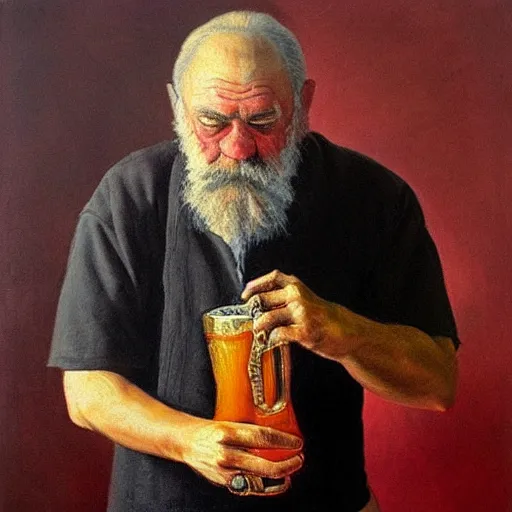 Image similar to painting of sailor hobo hyperrealism vasily vereshchagin with beer mug