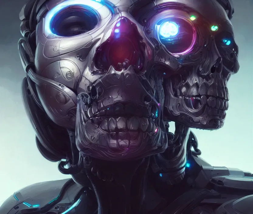 Image similar to Cyborg skull portrait, front view, sci-fi, highly detailed, digital painting, artstation, concept art, smooth, sharp focus, illustration, art by artgerm and greg rutkowski and alphonse mucha