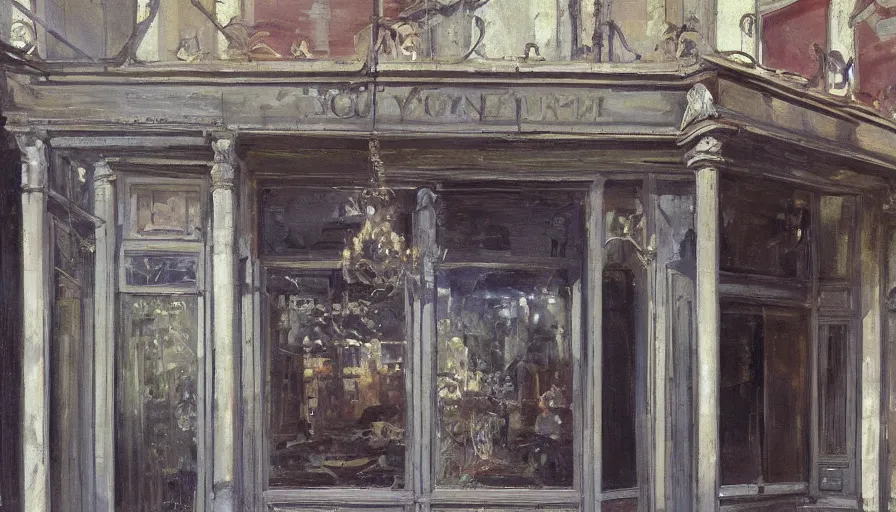 Image similar to artwork painting of the storefront front of a building by eugene von guerard, ivan shishkin, john singer sargent