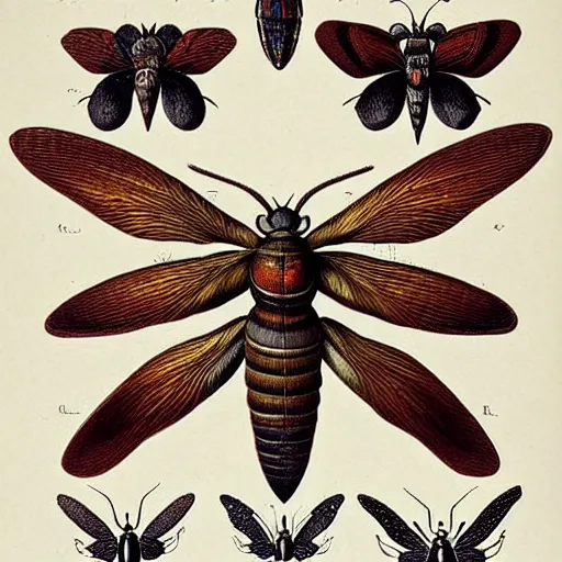 Image similar to a group of bugs and moths on a white background, an illustration of by earnst haeckel from 1 8 5 8. trending on pinterest, cloisonnism, photoillustration, poster art